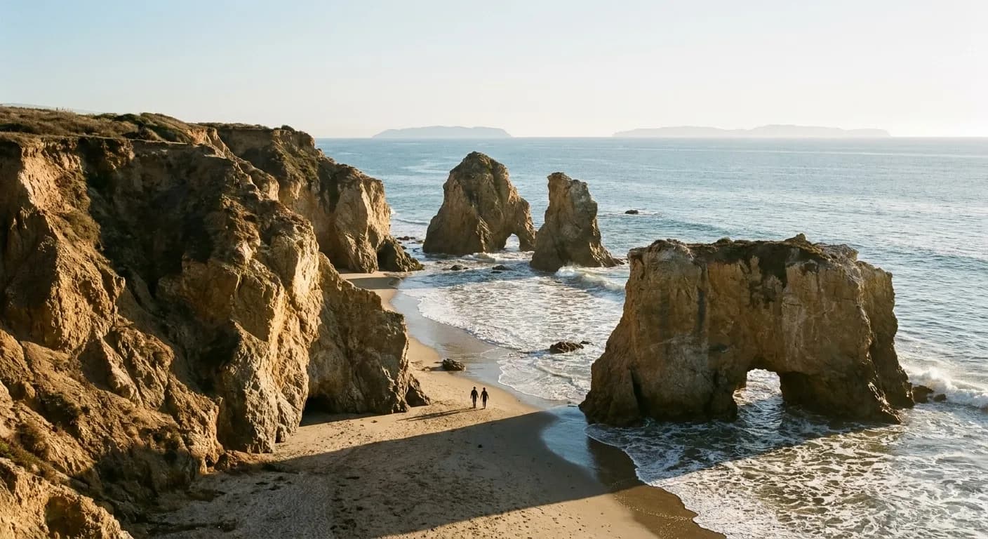 Sea stacks rising from the surf at a rocky Malibu beach in late afternoon light