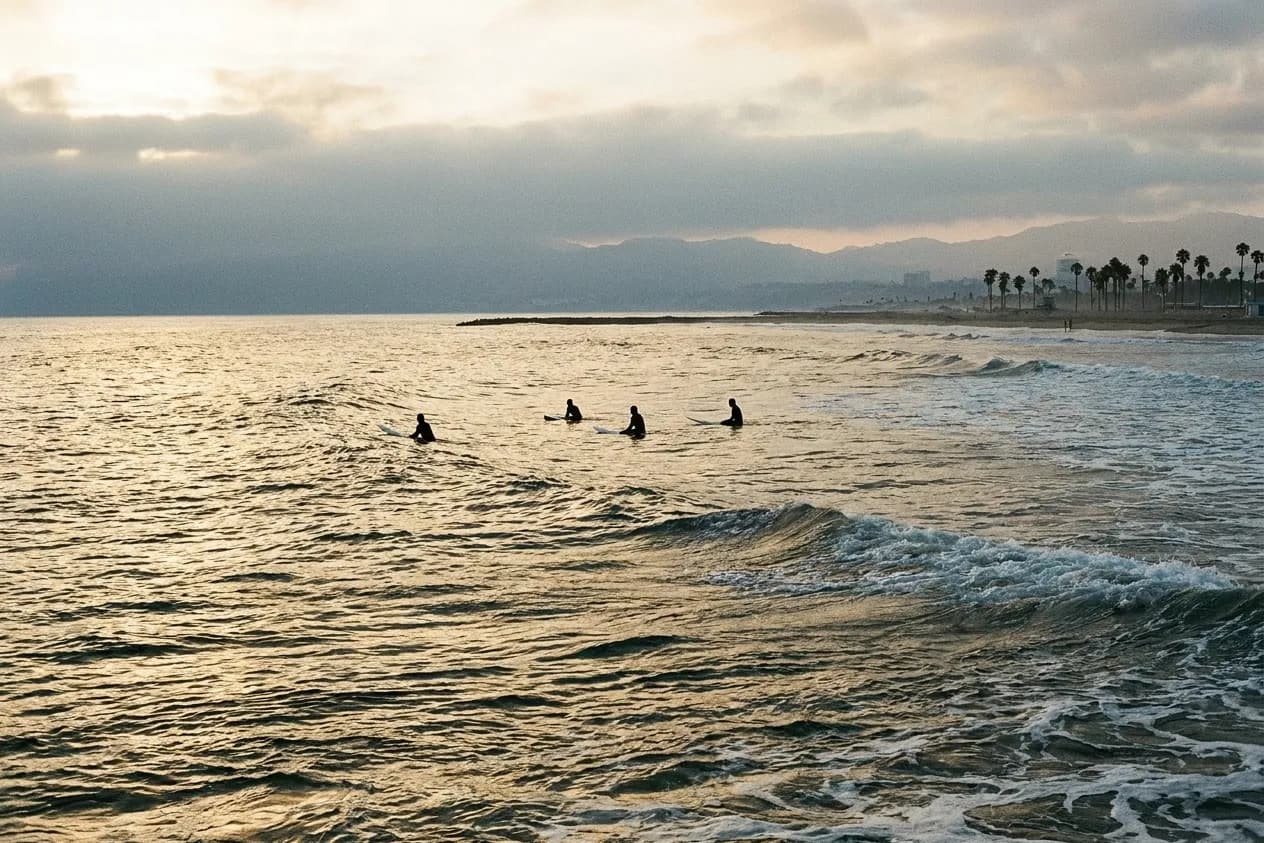 Surfers sitting on their boards beyond the break off a Los Angeles beach in the early morning