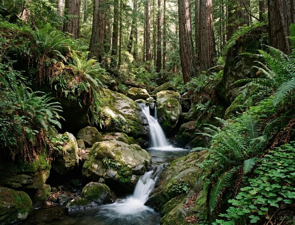 A narrow waterfall dropping through mossy rocks and ferns in a redwood canyon