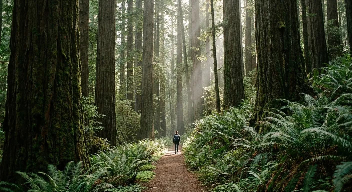 A wooded trail with redwoods and ferns and light coming through the canopy