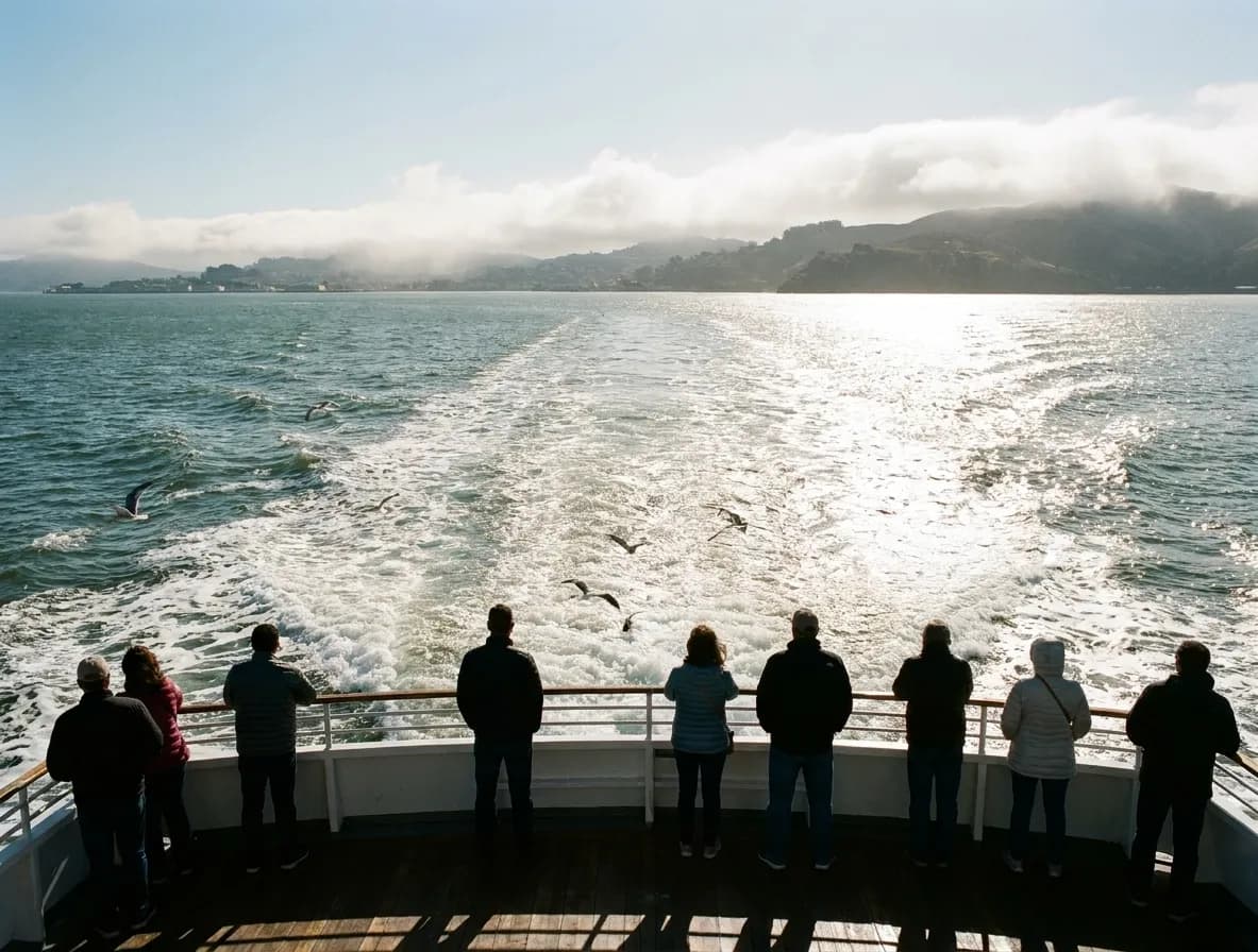 The open rear deck of a bay ferry near San Francisco with passengers at the rail watching the wake