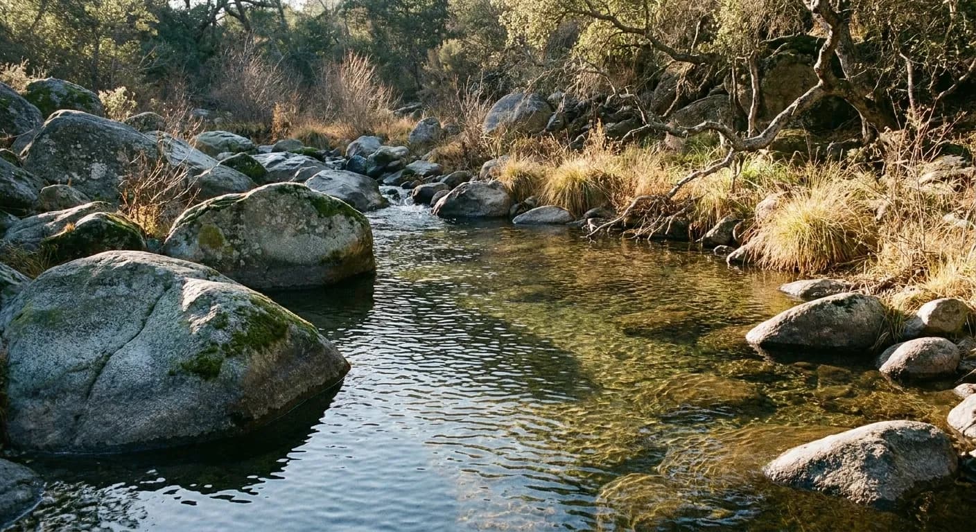 A shallow creek pool surrounded by rock and dry grass in late light