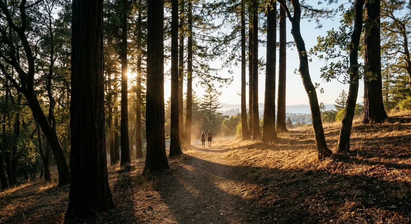 A dirt trail through dry Northern Californian woodland with walkers small in the distance