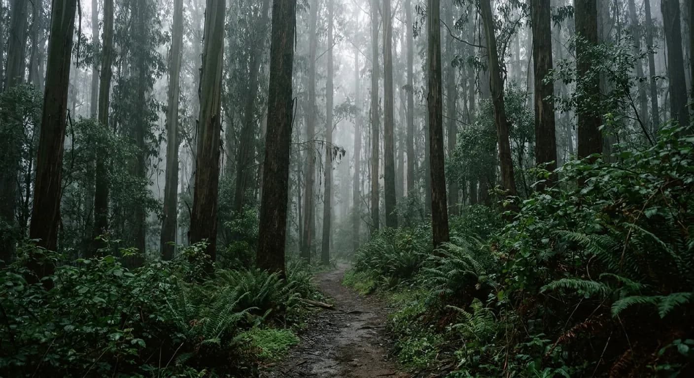 A misty eucalyptus forest trail with dense undergrowth and fog between the trunks, soft diffused light and no people