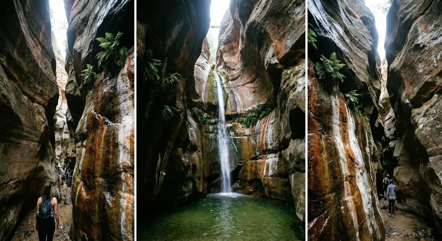 A waterfall dropping into a shallow pool in a narrow rocky canyon