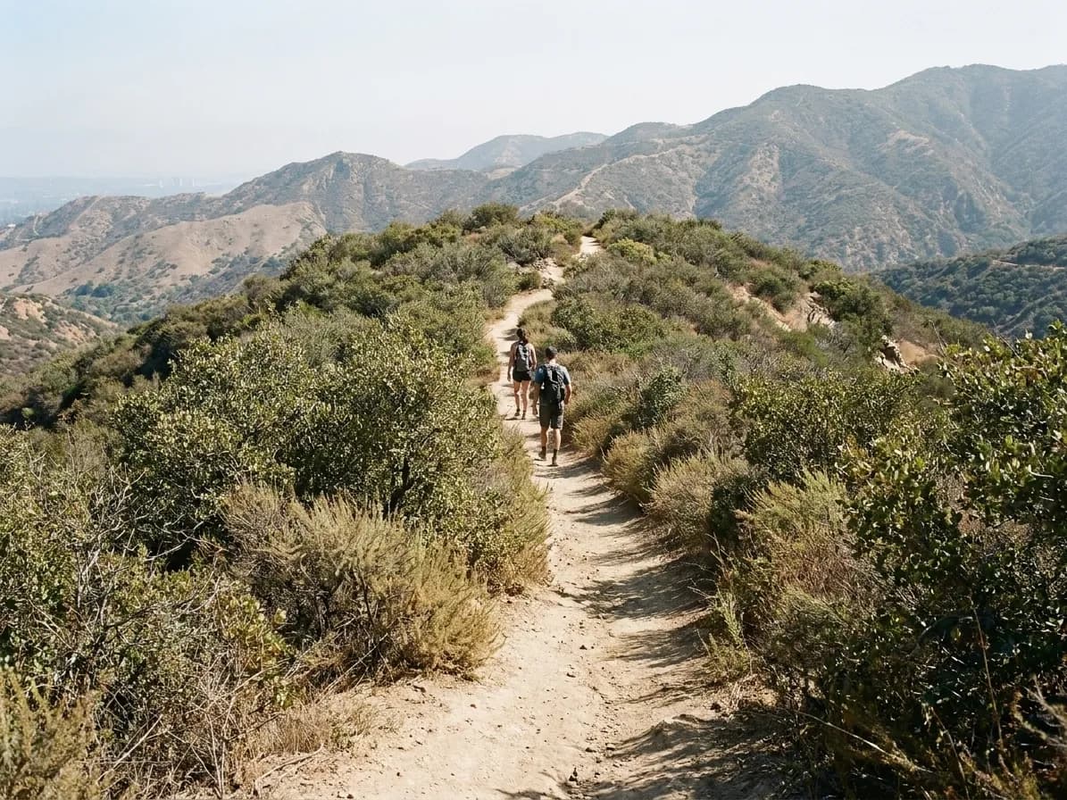 A dusty trail crossing a dry chaparral hillside near Los Angeles with two hikers ahead