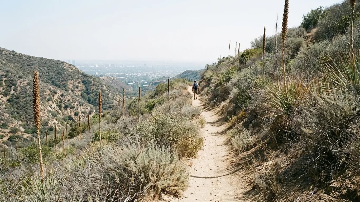A dry chaparral hillside trail with scrub and yucca, city haze visible in the valley below under a pale sky