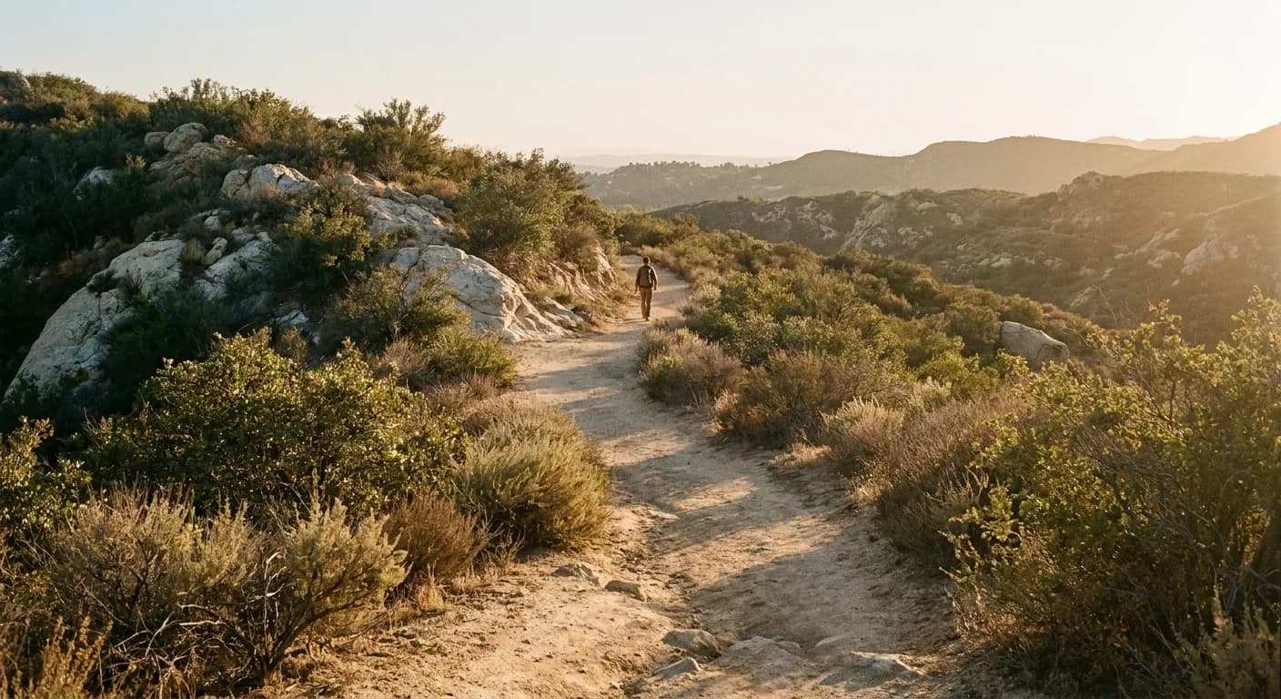 A dusty trail winding along a dry chaparral canyon in the afternoon
