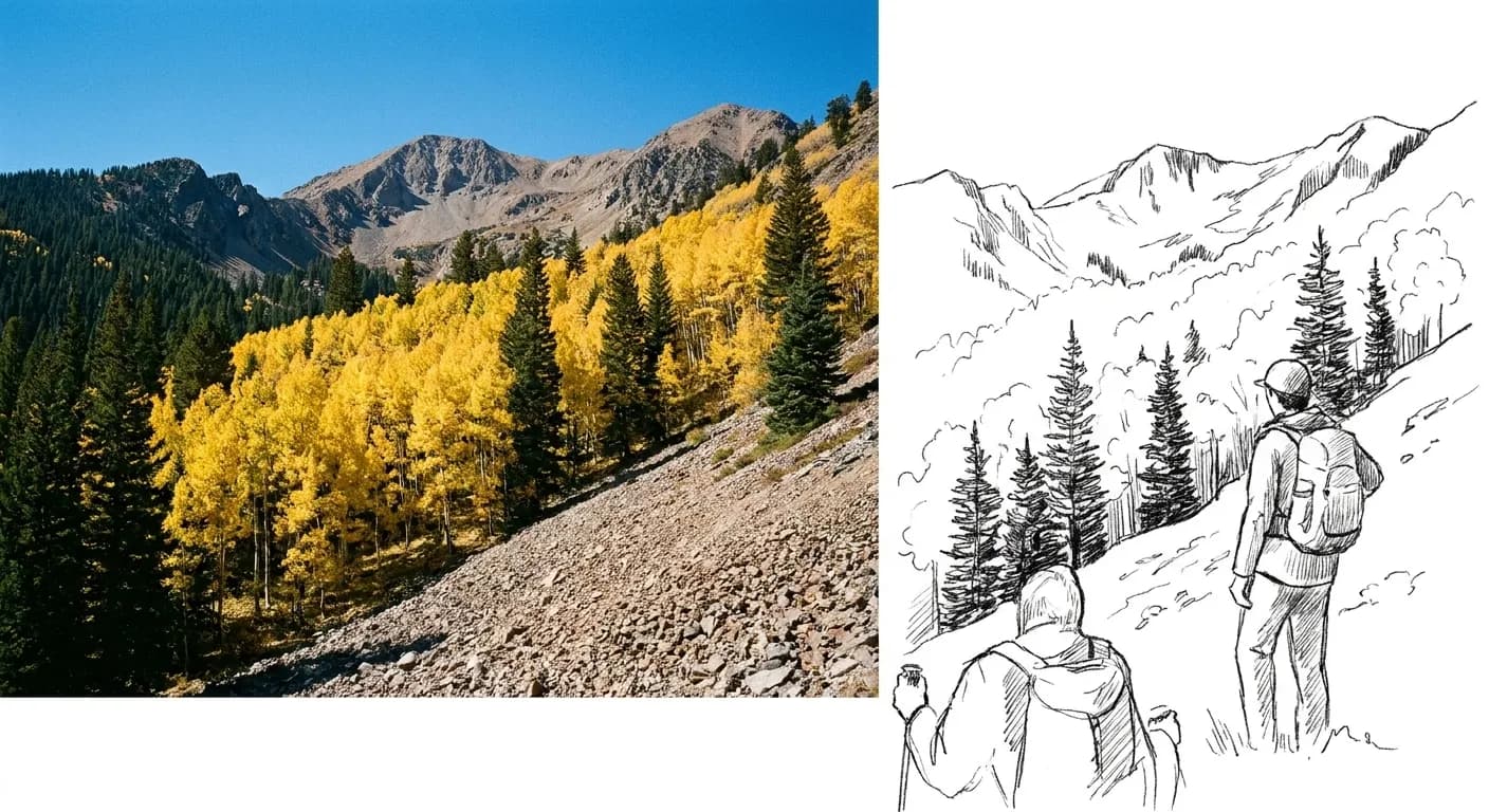 Golden aspens on a mountainside under a clear autumn sky