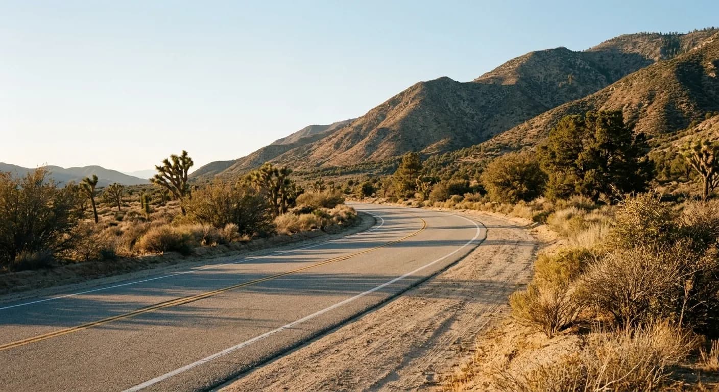 A two-lane road curving through open high-desert country in the late afternoon