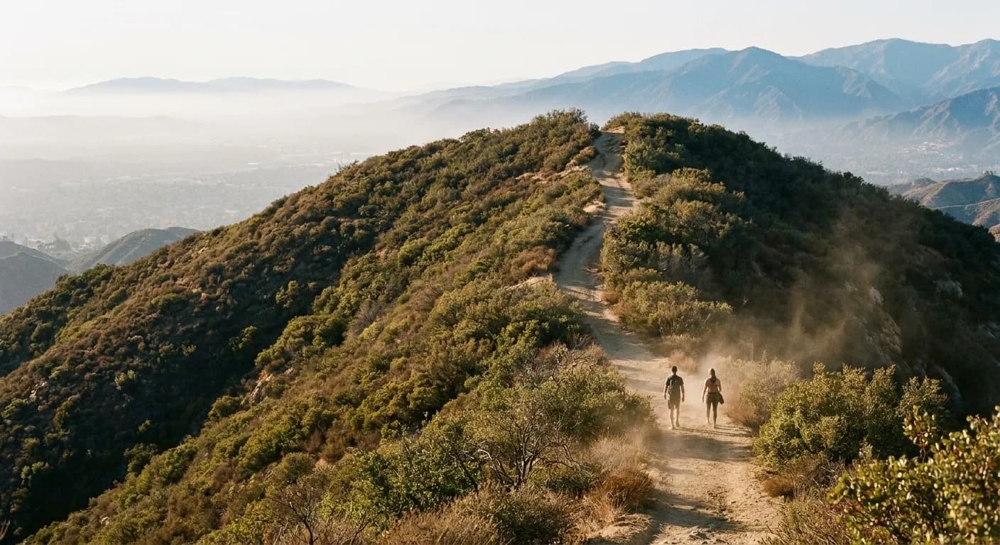 A dirt trail climbing a dry chaparral ridge near Los Angeles with layered blue mountains behind