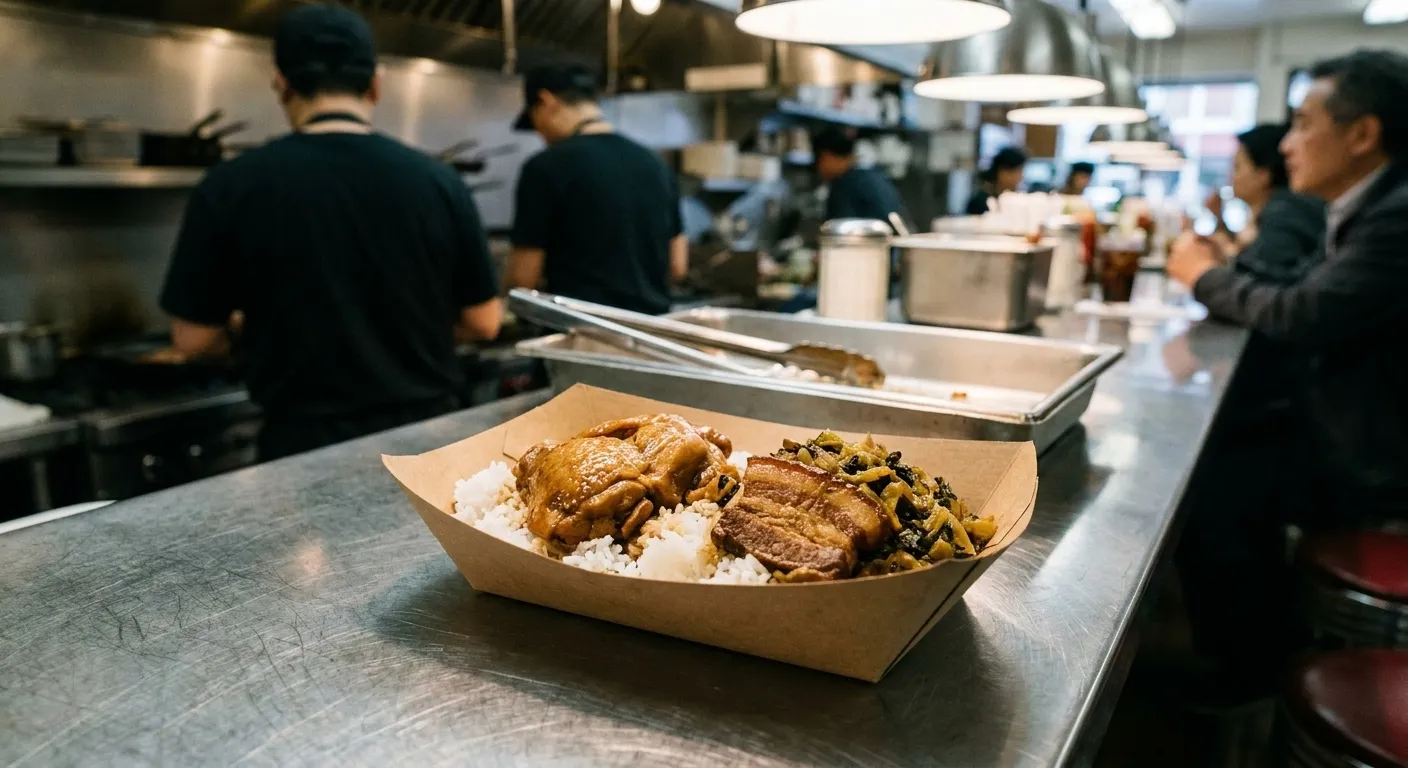 A lunch plate of rice and two braised dishes on a tray on a canteen counter