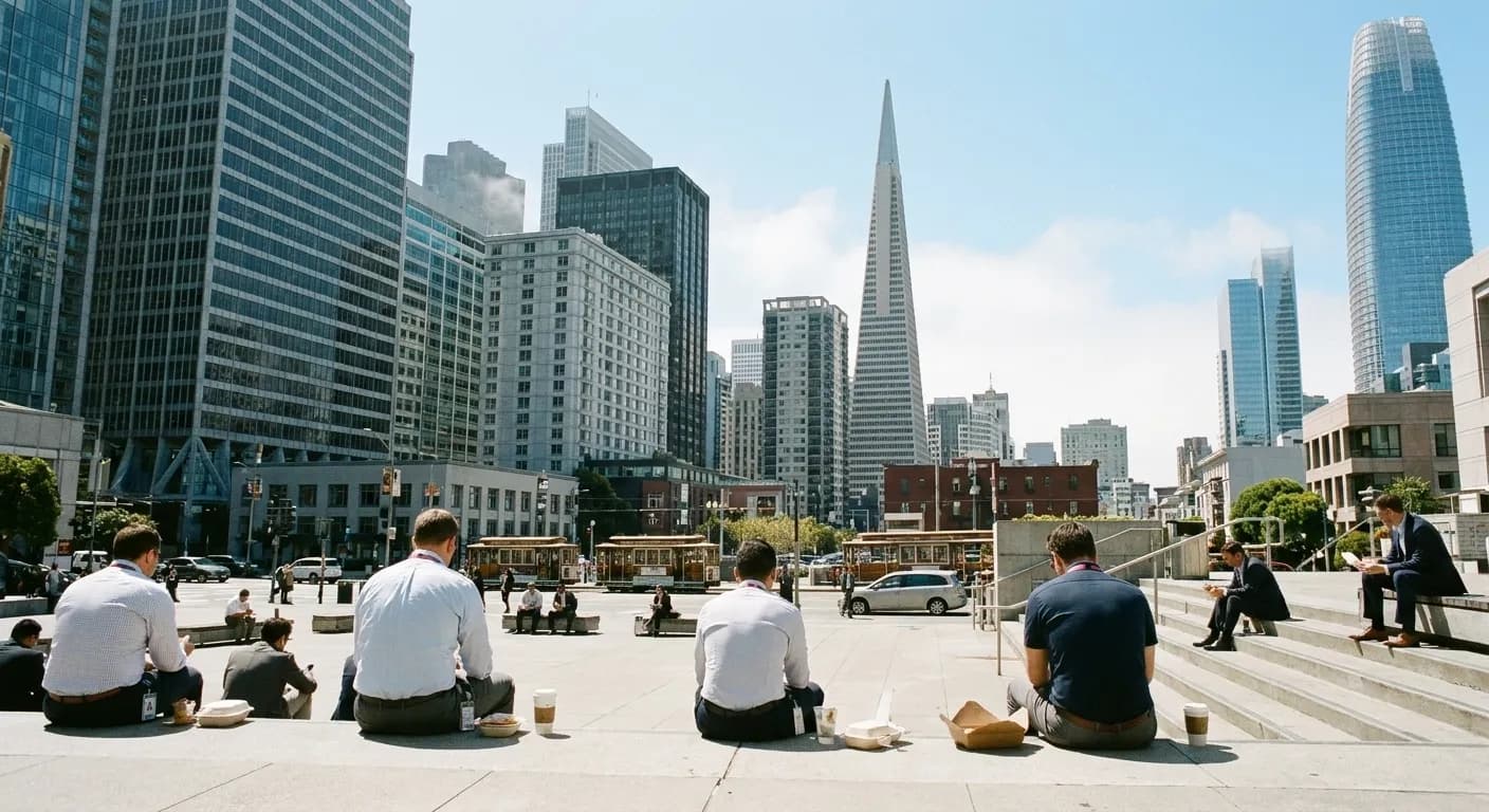Office workers eating lunch on the steps of a downtown San Francisco plaza at midday