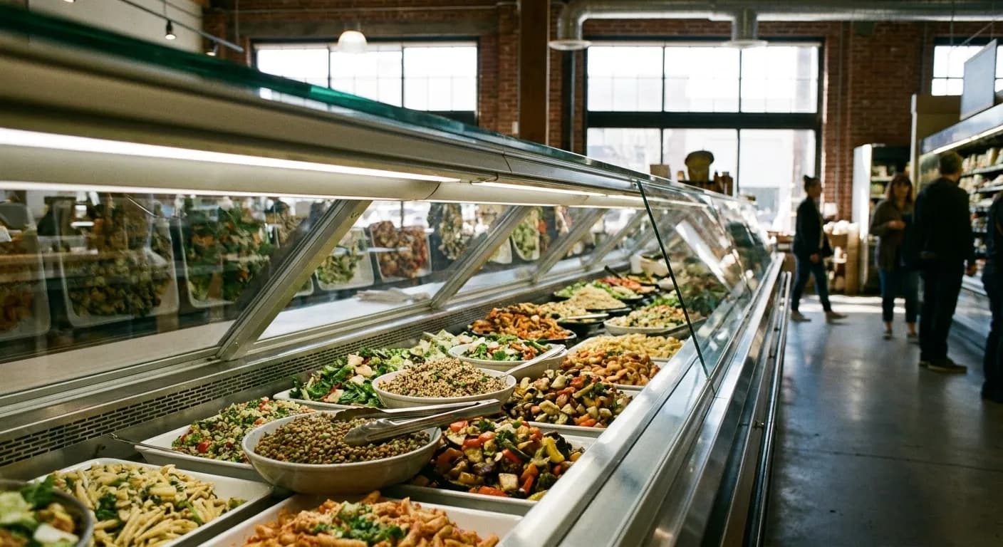 A counter of prepared salads and grain bowls behind glass