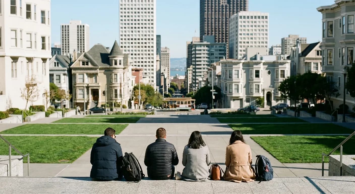 Office workers eating lunch on plaza steps in the middle of a bright weekday