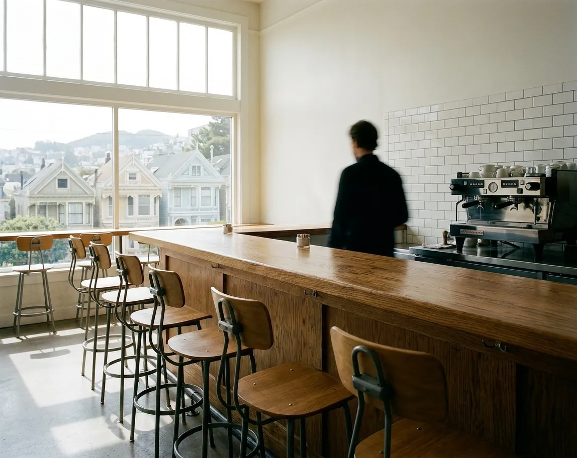 A near-empty cafe counter with stools in the middle of a weekday