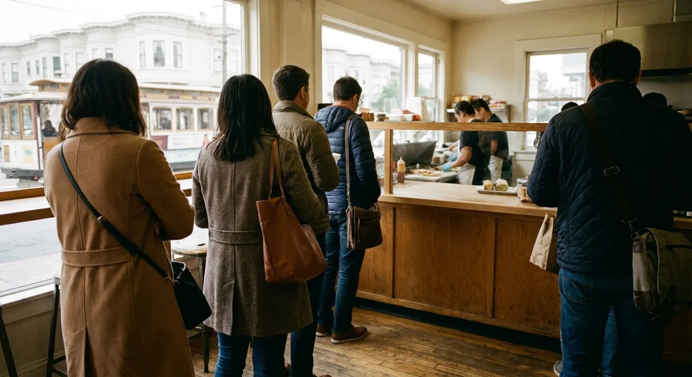 A short lunchtime queue at a small San Francisco sandwich counter
