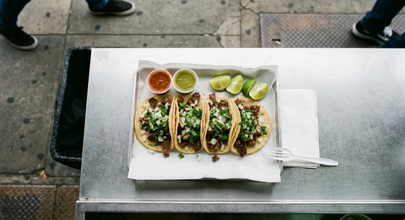 A styrofoam tray of tacos with lime wedges and salsa on a metal counter