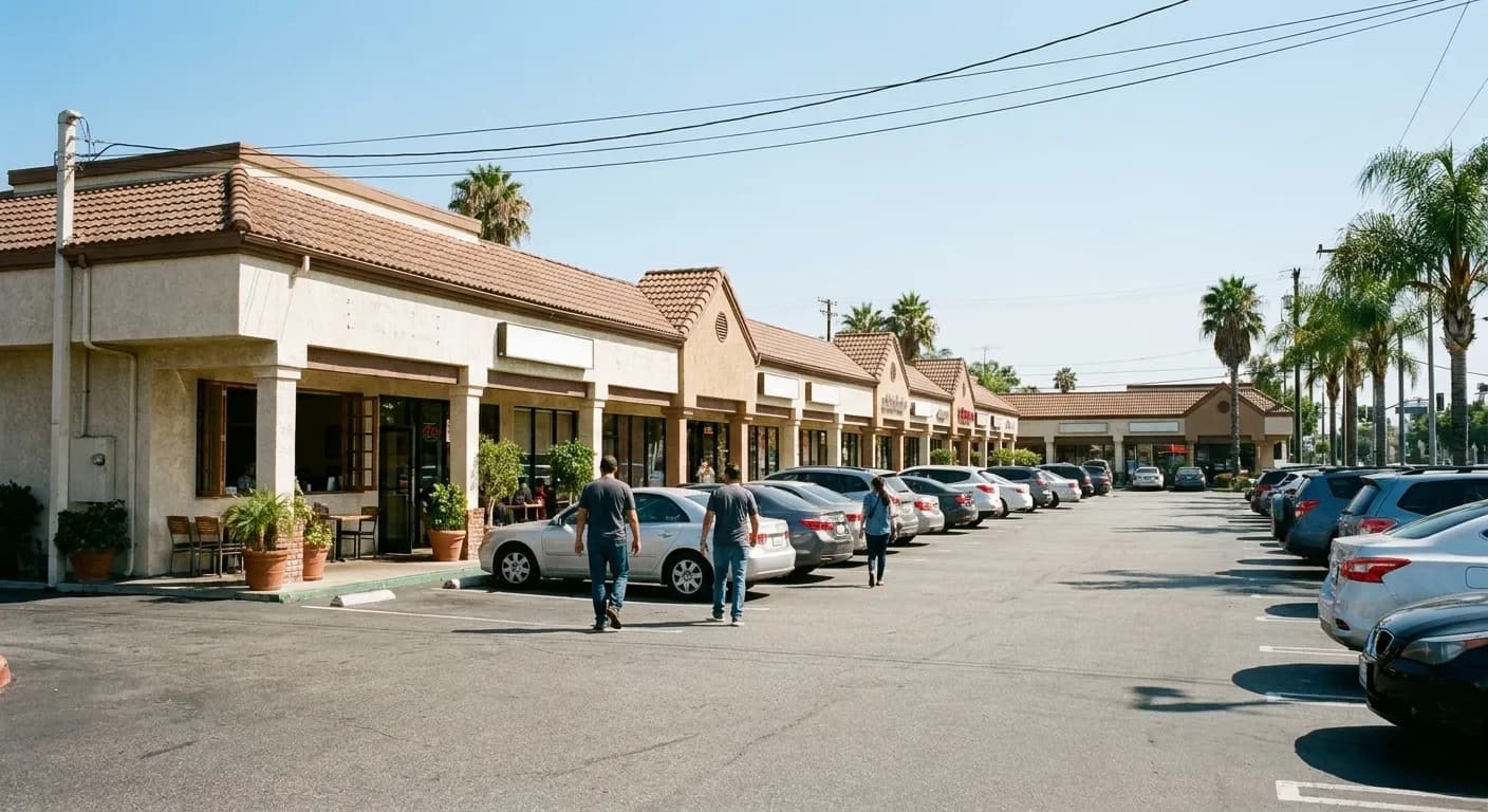 A low Los Angeles strip mall with a row of small restaurant storefronts and a wide parking lot