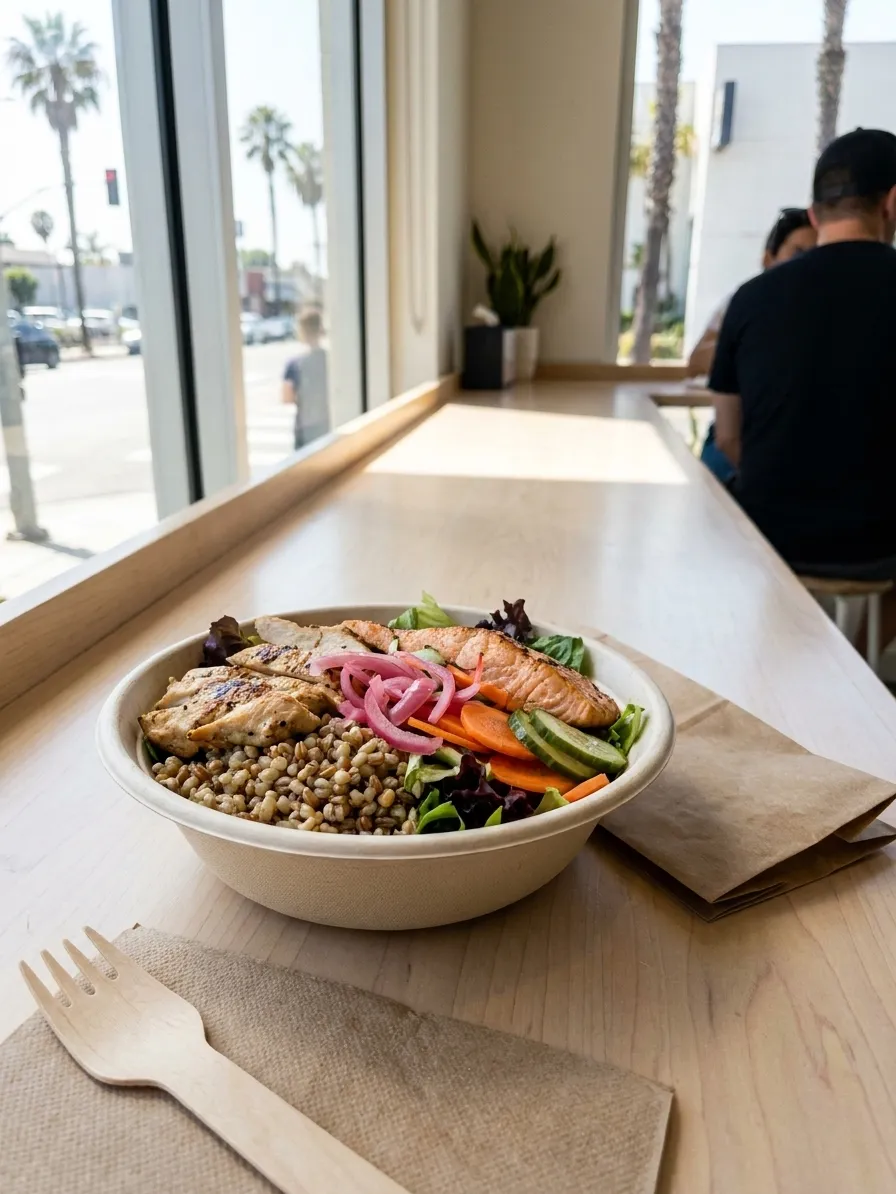 A takeaway lunch bowl of grains, greens and grilled protein on a counter beside a paper bag, bright daylight from a window