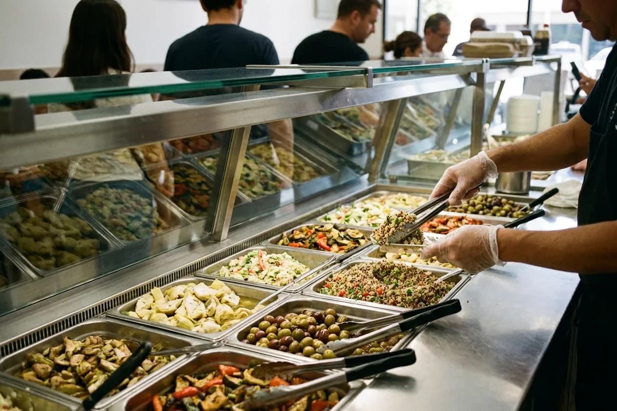 A refrigerated deli counter with trays of prepared salads and marinated vegetables behind glass, a server's gloved hands lifting a portion with tongs