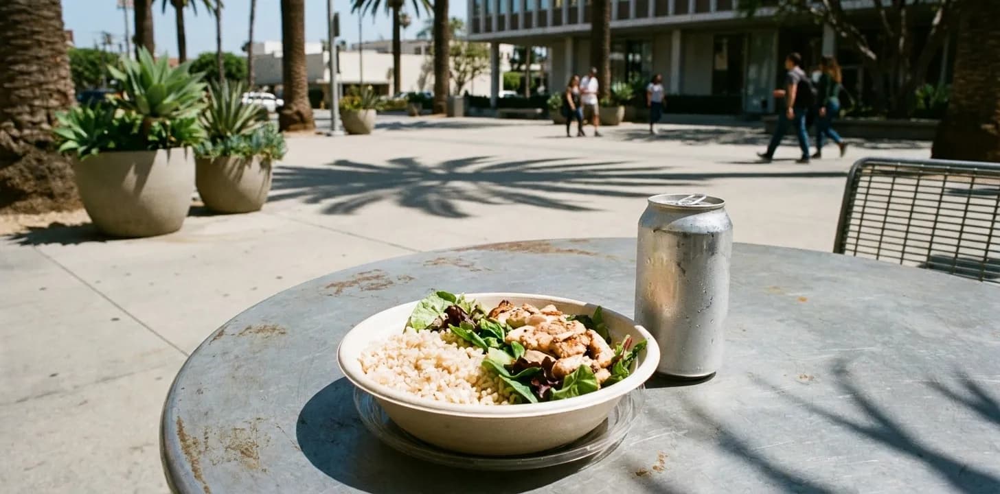 A takeaway lunch bowl and a drink on an outdoor table in a sunny plaza