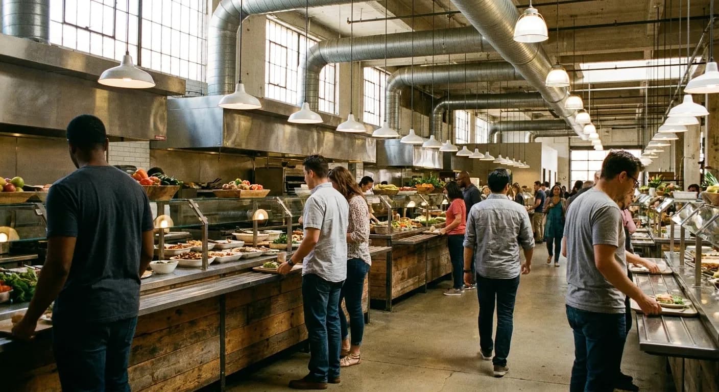 A busy Los Angeles food hall at lunchtime with counters along one wall and people carrying trays