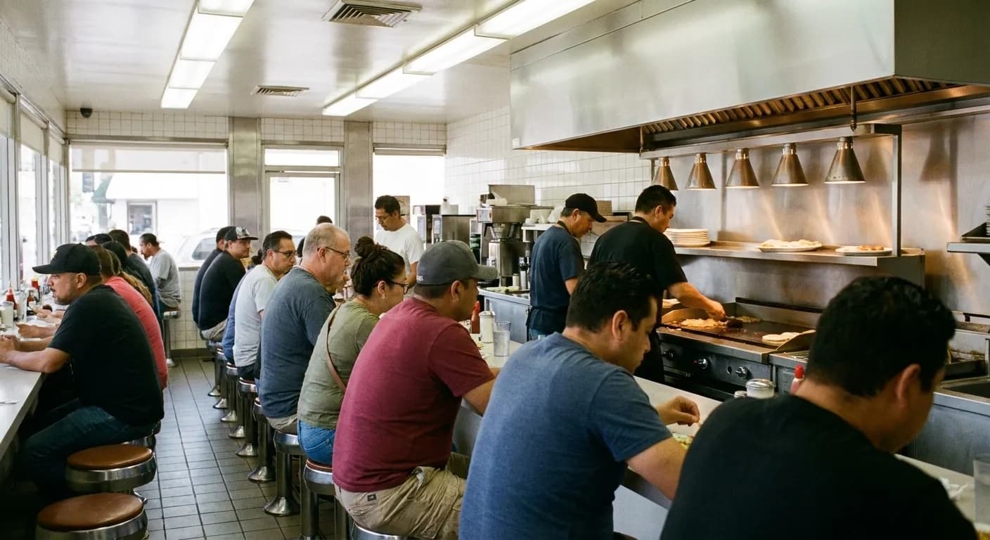 A row of people seated at a long diner counter with cooks working behind it