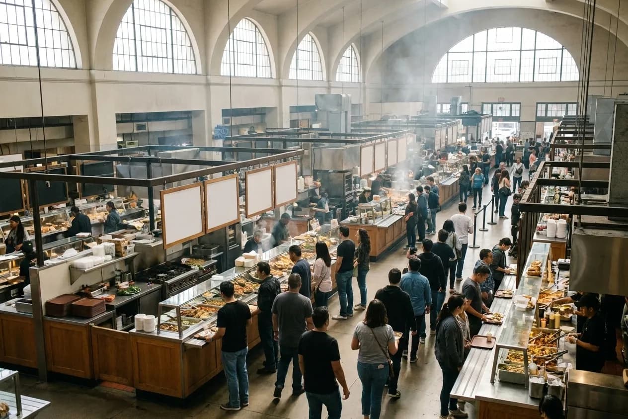 The inside of a busy covered food market in Los Angeles with stall counters and people carrying trays