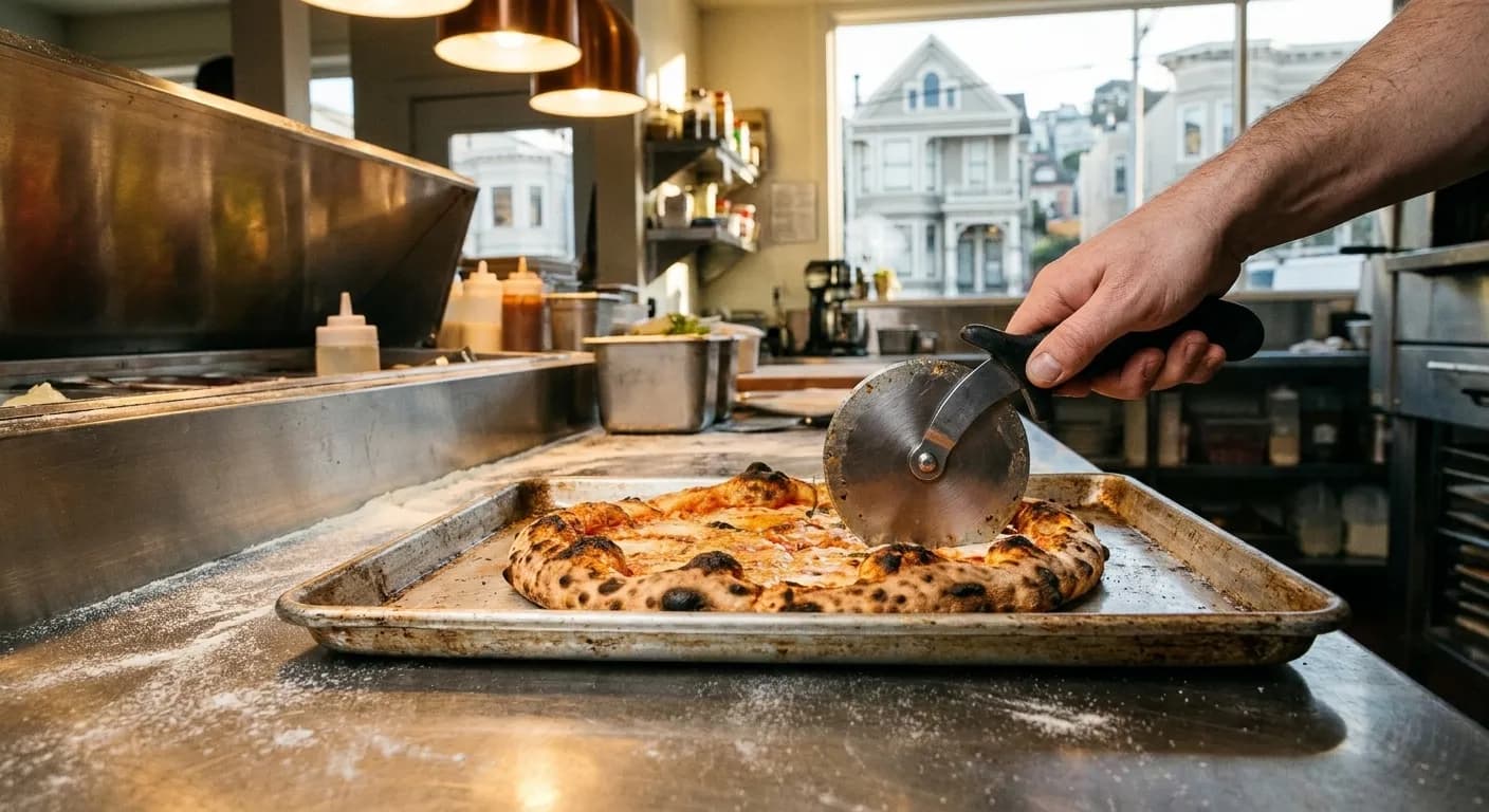 A whole pizza on a metal tray with charred crust edges being cut into slices