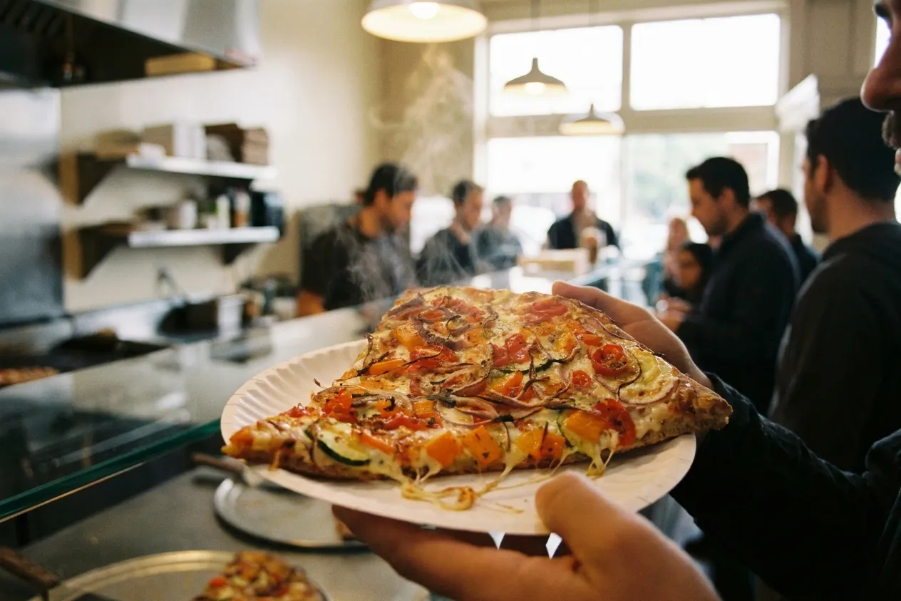 A slice of pizza on a paper plate held up in front of a busy counter, cheese stretching and a queue blurred behind