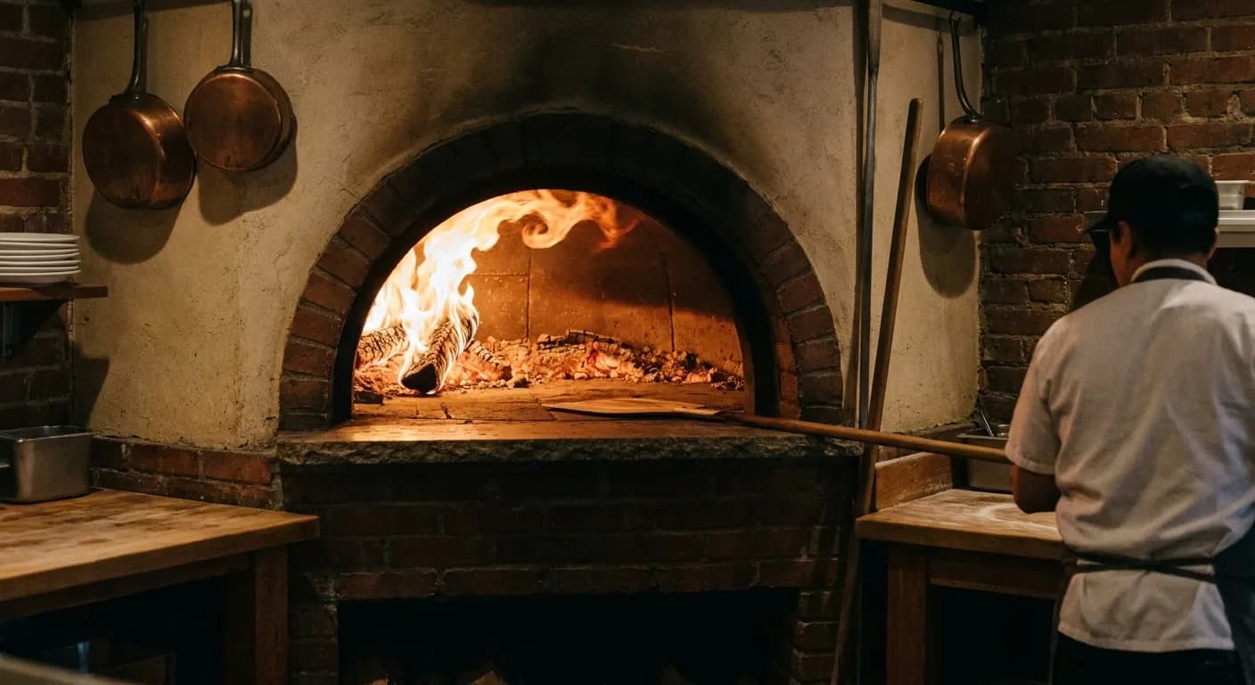 A pizza being turned inside a glowing wood-fired oven