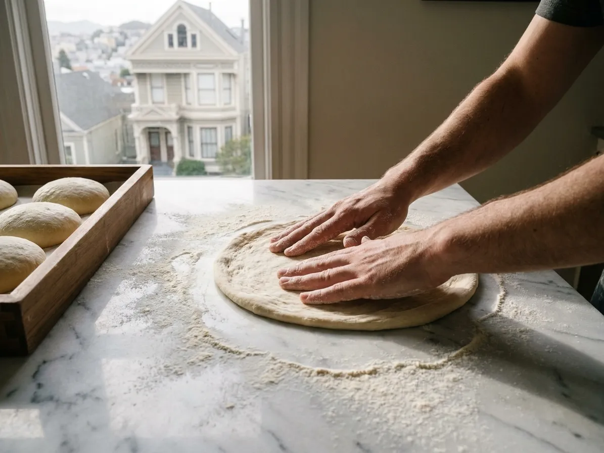 Hands stretching a round of dough on a flour-dusted counter