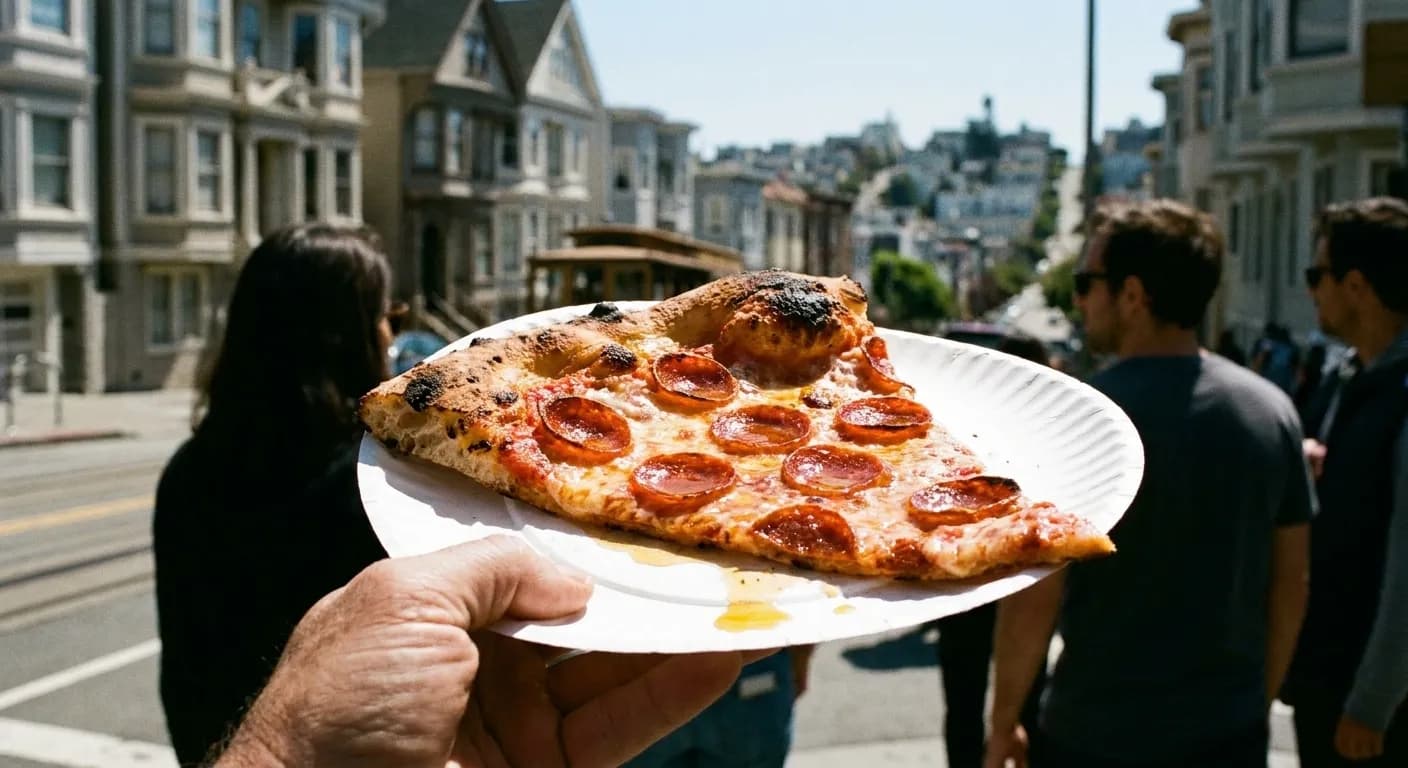A pizza slice held on paper with a blistered crust and oil pooling on the surface