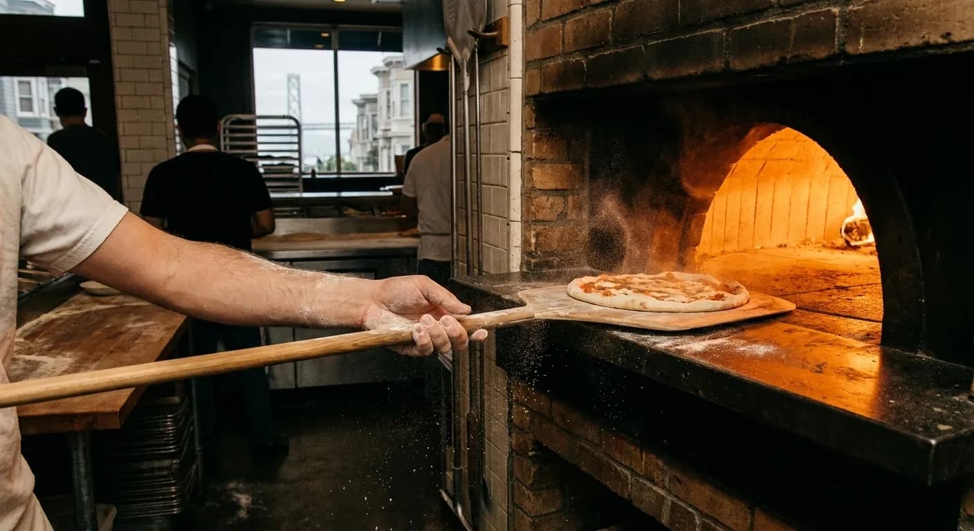 A pizza sliding into the mouth of a glowing wood-fired oven in a San Francisco kitchen