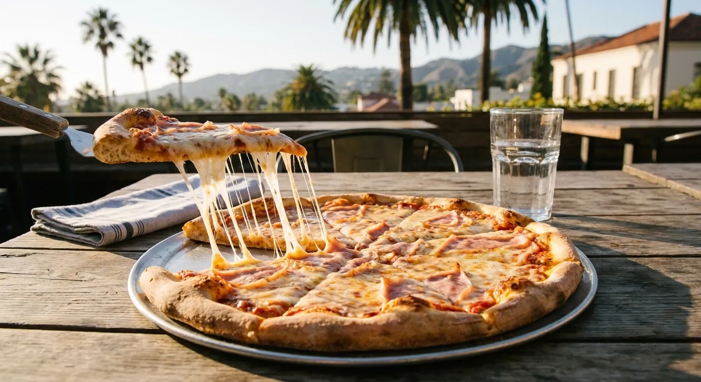 A whole pizza on a metal tray with a slice being lifted away
