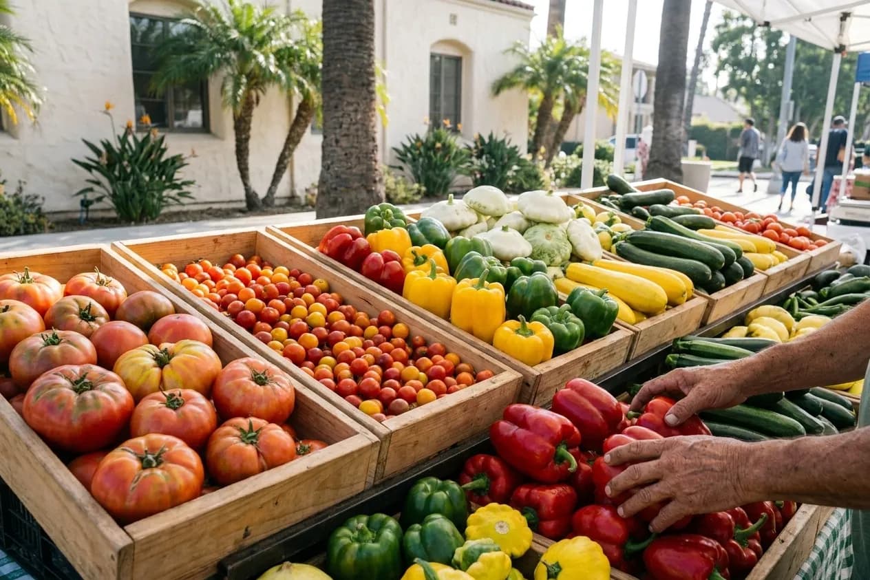 A market stall of late-summer vegetables in bright morning light