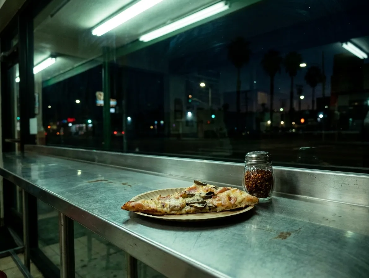 A slice of pizza on a paper plate under the fluorescent light of a late-night counter