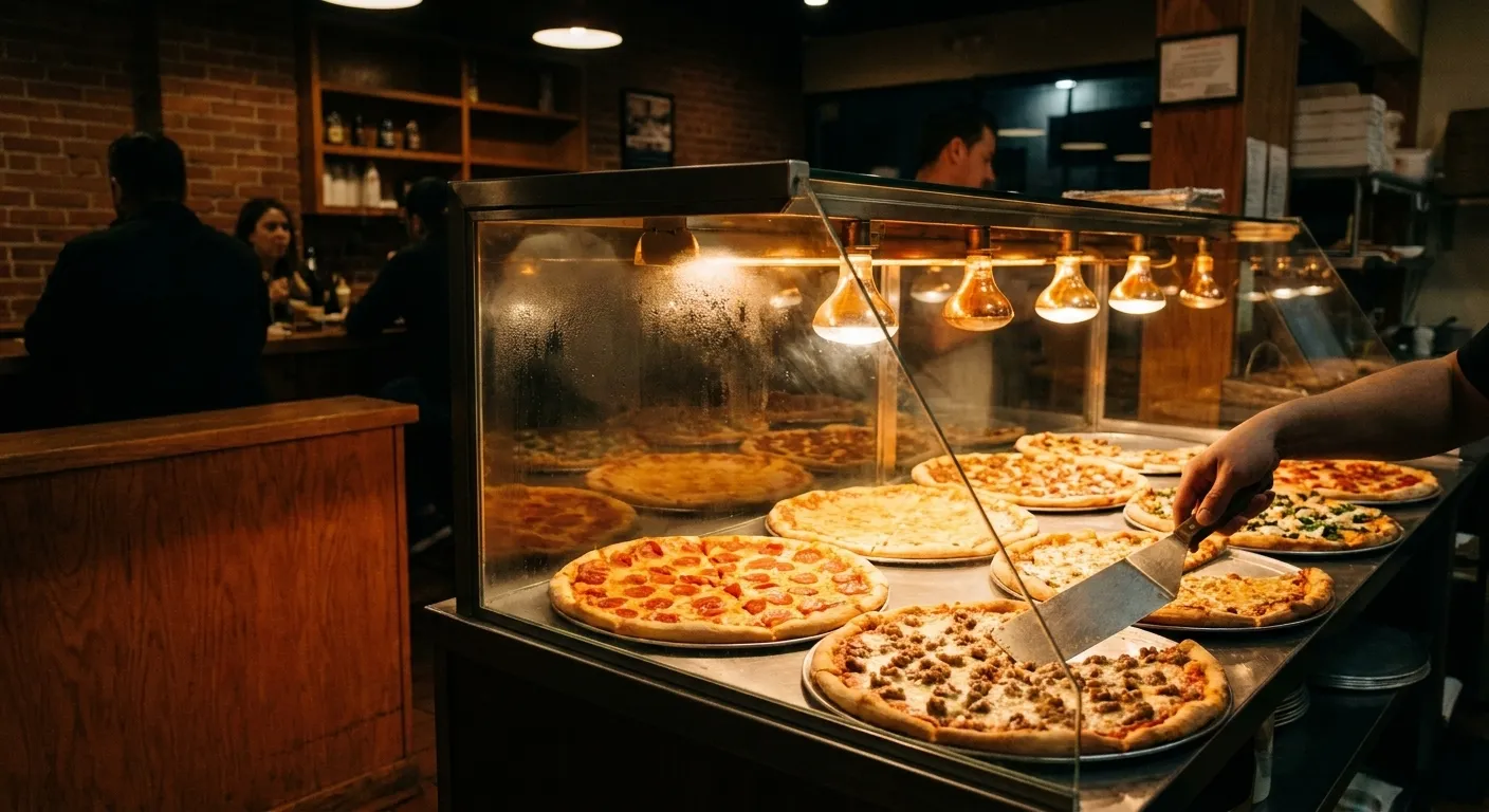 A glass display case of whole pizzas under warming lamps at a late-night slice shop