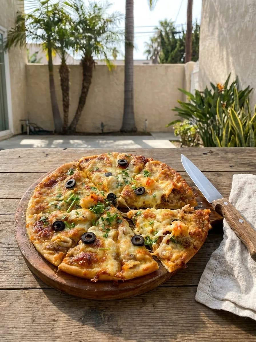 A pizza cut into slices with one piece pulled slightly away