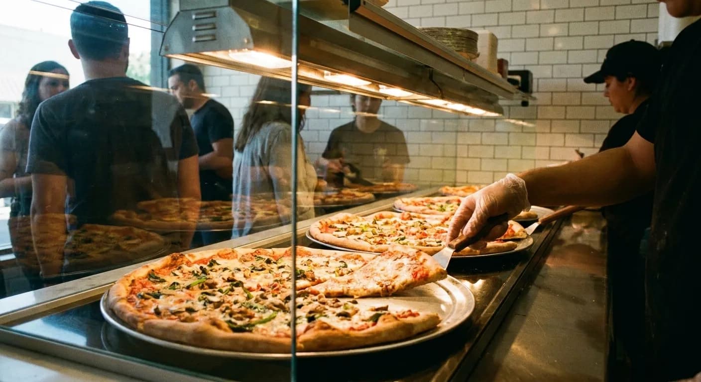 A slice counter with pizzas under a heat lamp behind glass
