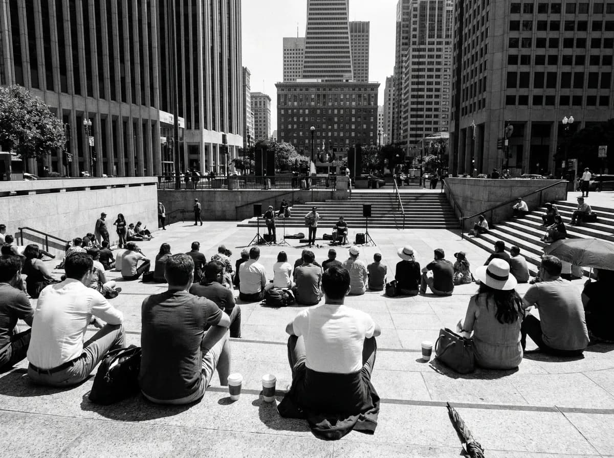 People sitting on steps in a public plaza listening to a small outdoor performance