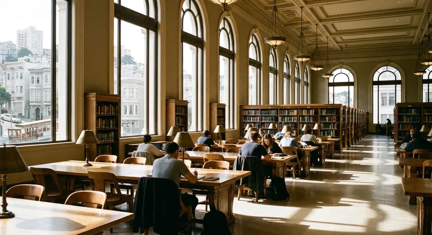 A grand public library reading room in San Francisco with tall windows and long tables of people reading