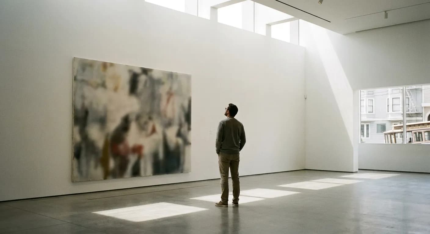 A visitor standing alone in a large gallery looking at a painting on a pale wall