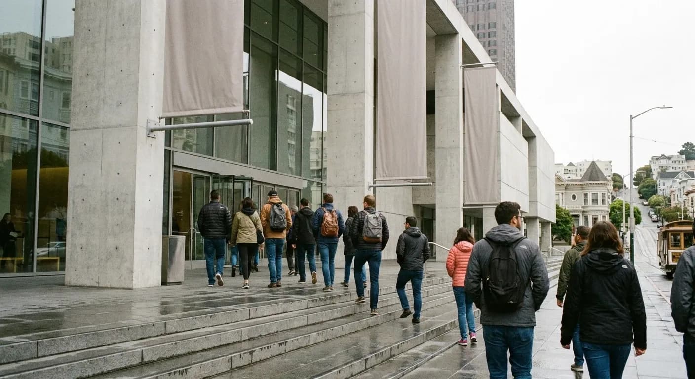 Visitors walking up the steps of a San Francisco museum entrance on an overcast afternoon