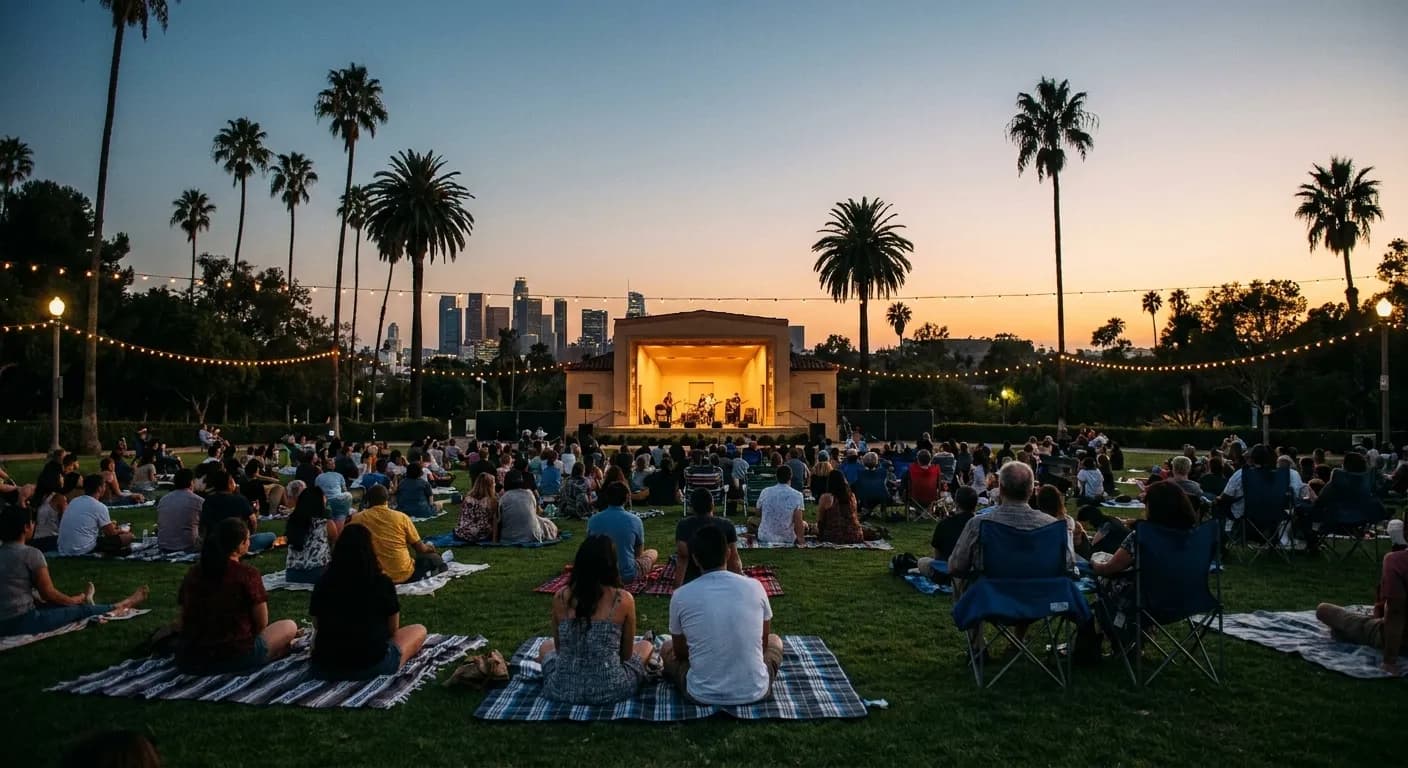 An outdoor concert audience on a lawn at dusk with a lit bandshell in the distance
