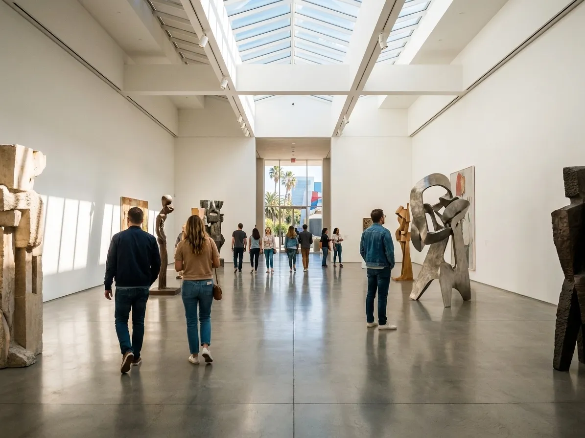 Visitors moving through a bright Los Angeles museum hall with large sculptures and high white walls