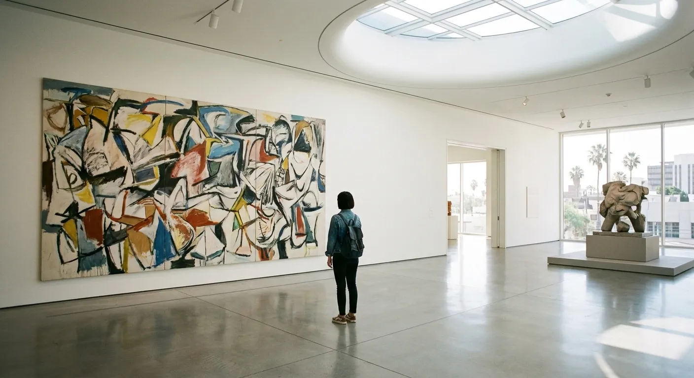 A visitor standing alone in front of a large painting in a bright gallery