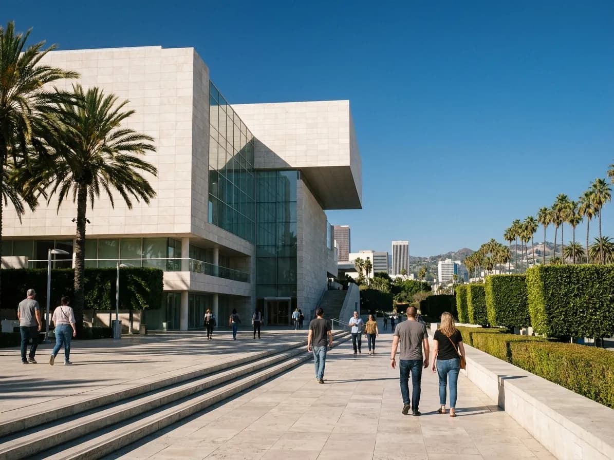 The exterior of a modern Los Angeles museum in strong sunlight with a broad plaza and steps in front