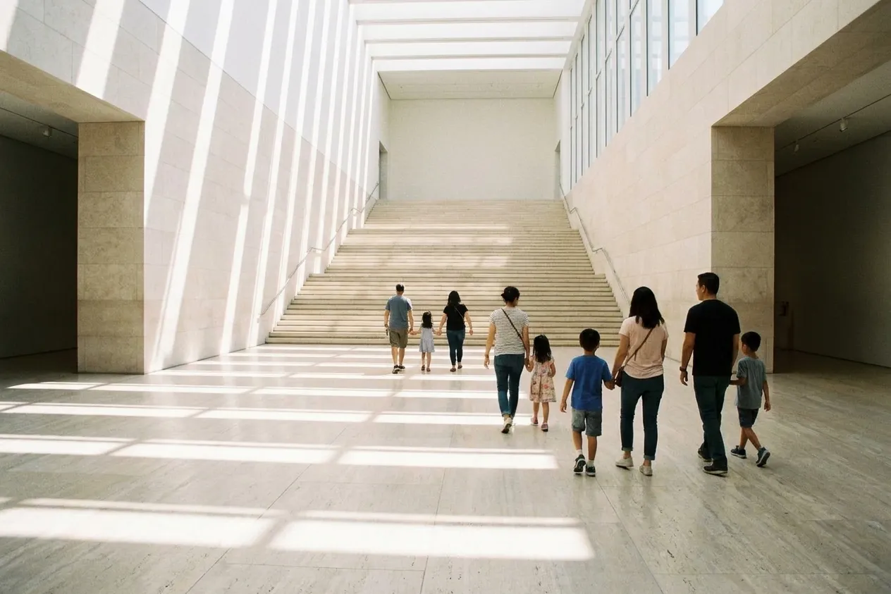 Children and adults walking through a bright museum atrium with high windows